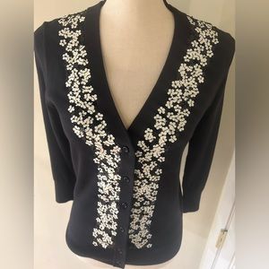 Alice + Olivia Black Cardigan with White & Black sequin shaped flowers
